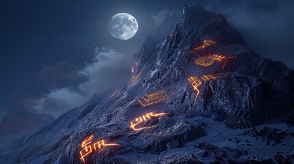 Poster - A mountain peak under a full moon, with glowing runes etched into the rock surface, casting mystical shadows and creating an aura of ancient magic.