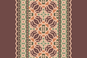  Pixel cross stitch traditional ethnic pattern paisley flower Ikat background abstract Aztec African Indonesian Indian seamless pattern for fabric print cloth dress carpet curtains and sarong