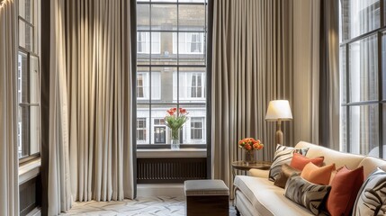 A boutique hotel suite where the windows are adorned with 90x90