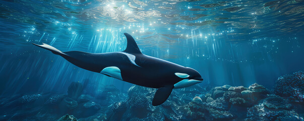 Killer Whale swimming underwater under sea life with sunbeams 