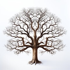 A large tree with no leaves is depicted in a white background