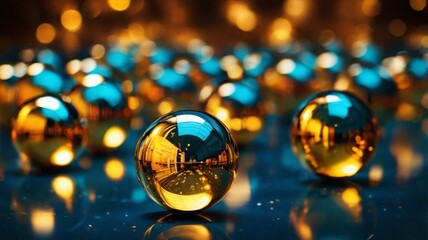 An abstract background featuring shiny, colored balls with a 3D gold metallic finish
