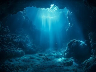 Poster - Captivating Underwater Cave Illuminated by Bioluminescent Creatures in the Ethereal Depths