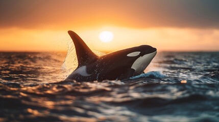 Poster - Majestic Orca Breaching Ocean Surface Silhouetted Against Golden Sky Sunset Landscape
