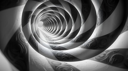 Wall Mural - An abstract design of black and white optical illusion spirals, creating a sense of depth and movement. The spirals feature sharp contrasts and intricate patterns