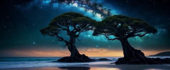 Surreal digital art towering ancient trees with glowing