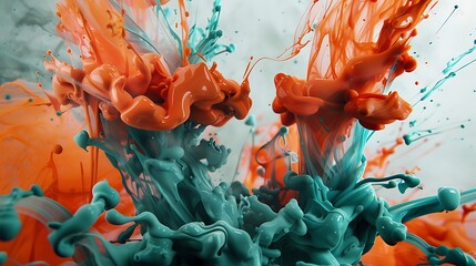 Wall Mural - Burnt orange and teal 3D ink splash creating dynamic abstract shapes with high realism