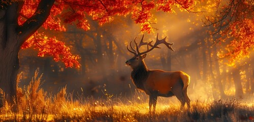 Poster - Majestic Stag in Autumn Woodland with Misty Morning Light