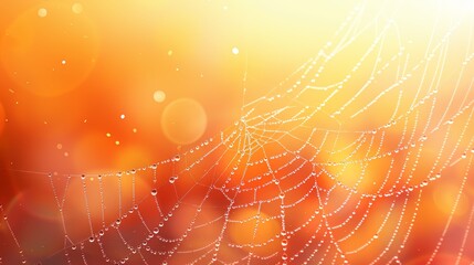Vibrant close-up of a spider web with morning dew against an orange bokeh background, highlighting the intricate beauty of nature in a warm, ethereal setting.
