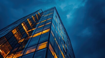 Wall Mural - Close-up of office building architecture at night with interior lights, against a dark sky backdrop, symbolizing urban activity and business operations. 