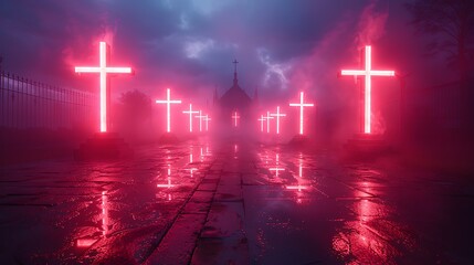 Wall Mural - An abstract design of neon crosses on a foggy, gothic-inspired background. The glowing crosses stand out against the dark, misty backdrop, enhancing the gothic and mysterious feel.