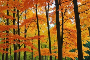 orange fall  leaves, autumn natural background with maple trees, autumnal landscape