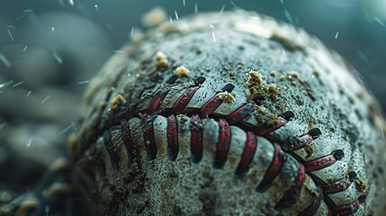 Wall Mural - a baseball highlighting its textured surface and prominent red stitches against a blurred stadium background