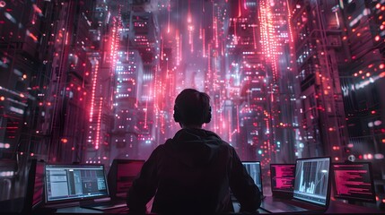 Poster - hacker bypassing encrypted data streams with holographic security screens