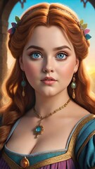 Wall Mural - Ethereal princess with piercing blue eyes and red hair, adorned in regal medieval attire