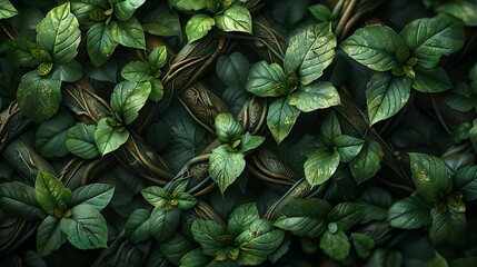 Wall Mural - An artistic depiction of crosses made from intertwining vines and leaves, emphasizing nature and growth. The lush green vines and leaves create intricate cross patterns