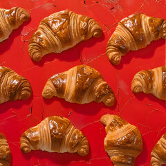 Wall Mural - Food event showcasing croissants on a vibrant red surface