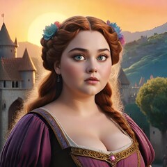 Wall Mural - Ethereal princess with piercing blue eyes and red hair, adorned in regal medieval attire