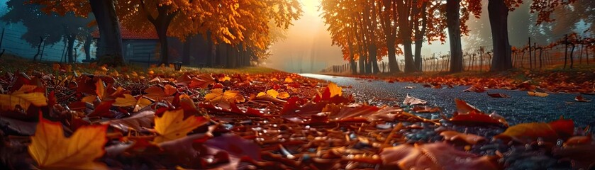 Aufkleber - Serene autumn scene with colorful fallen leaves on a road lined with trees, bathed in warm sunlight at dawn.
