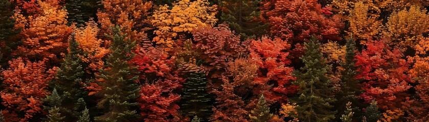 Aufkleber - Vibrant autumn foliage in a forest displaying a beautiful array of reds, oranges, and yellows, perfect for seasonal, nature, and landscape visuals.