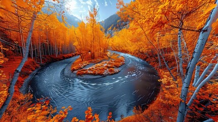 Poster - Beautiful autumn forest with vibrant orange foliage and a winding river creating a stunning natural landscape. Ideal for nature and travel themes.