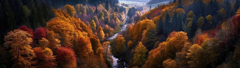Poster - A breathtaking aerial view of a serene autumn forest with a river flowing through vibrant fall foliage, showcasing nature's beauty in rich colors.