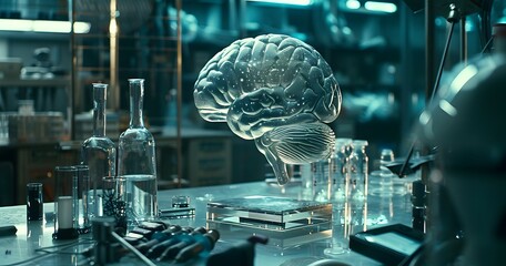 Poster - Transparent Brain in High Tech Laboratory Surrounded by Scientific Equipment