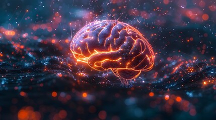 Poster - Glowing Digital Brain with Neon Neural Connections Symbolizing Futuristic Technology
