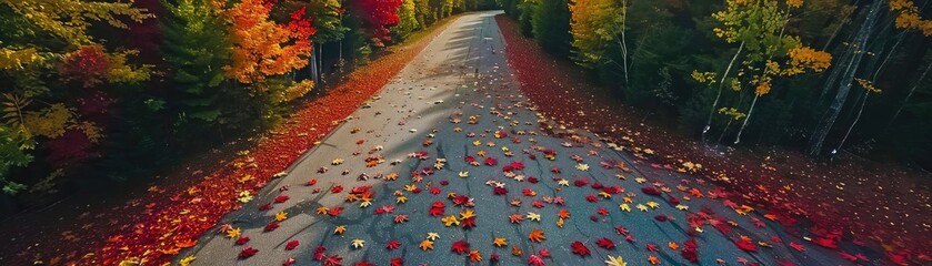Poster - A scenic autumn road covered in colorful fallen leaves, surrounded by vibrant fall foliage, capturing the essence of the season.