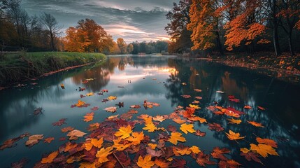 Poster - Serene autumn landscape with colorful leaves floating on a calm river, surrounded by vibrant trees and a peaceful sunset sky.