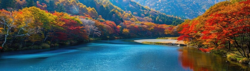 Poster - Scenic autumn landscape featuring vibrant foliage and a serene lake surrounded by colorful trees with mountains in the background.