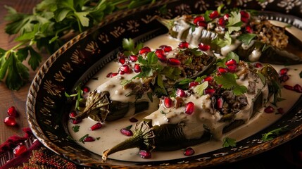 Wall Mural - A savory platter of Mexican chiles en nogada, roasted poblano peppers stuffed with picadillo and topped with walnut cream sauce and pomegranate seeds