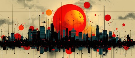 Wall Mural - modern cityscape of a vibrant metropolis at sunset with a stunning skyline and silhouette of skyscrapers against a warm orange sky
