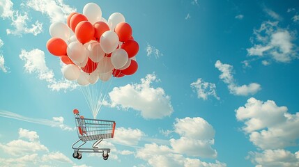 Poster - A shopping cart hovers mid-air, held aloft by an array of sale helium balloons against a serene sky backdrop. The image offers abundant copy space, perfect for highlighting sales and promotions.