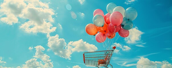Poster - Floating high above the ground, a shopping cart is attached to sale helium balloons, creating a captivating visual with plenty of open space for advertising copy or design elements.