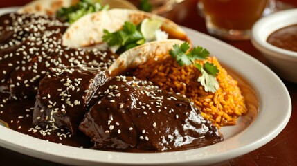 Wall Mural - A savory platter of Mexican mole poblano, tender chicken smothered in rich