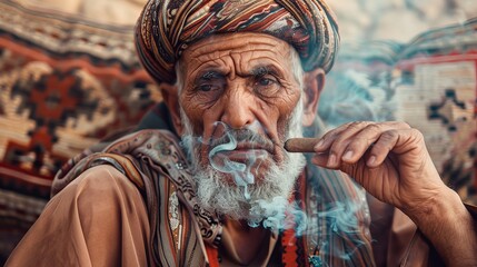 An arab tribal chief smoking a cigar in his tent , he is an old man with a turban and traditional arab tribal clothing , arab carpet in background