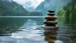 © LittleDreamStocks - Balanced stones in a serene lake with mountains in the background.