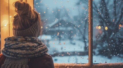 Poster - Woman looking at a blizzard from her cozy warm home