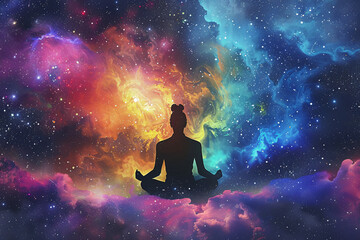 Wall Mural - illustration of a colorful space background with a black human silhouette, representing states of mi