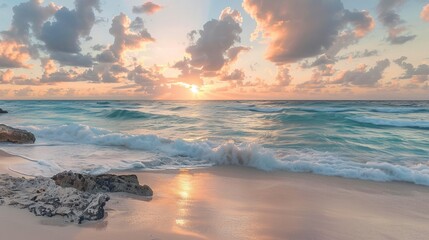 Sunrise over Cancun Beach with Gentle Waves and Silhouetted Palm Trees