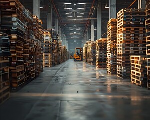 Poster - Expansive Industrial Warehouse with Stacks of Pallets and Forklifts in