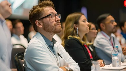 Wall Mural - Diverse group of individuals seated at a table, attentively watching a screen during a medical conference, Attending a medical conference to learn about the latest advancements in healthcare