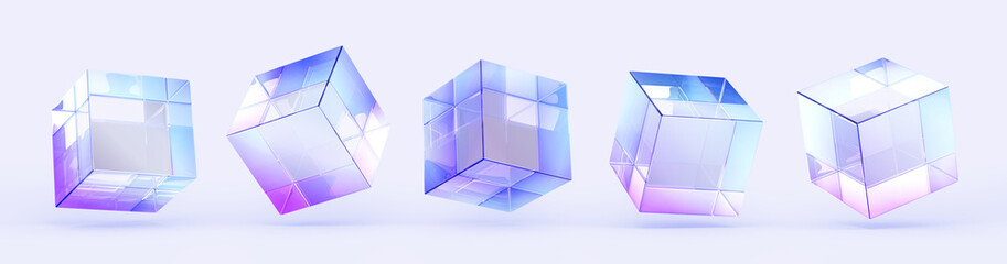 Poster - 3d set of crystal light holographic glass cube render icons. Abstract geometric transparent block shapes with hologram gradient and dispersion effect. Isolated glossy square objects. 3D illustration