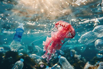 Wall Mural - Jellyfish Adrift in a Sea of Plastic