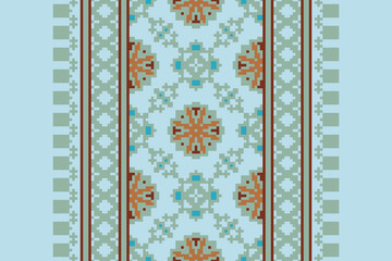 Wall Mural - Ethnic pixel geometric seamless pattern with paisley on beige background. Native oriental cross stitch knitting design for fabric, decoration, wallpaper, border decor, element, texture, textile, print