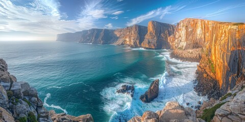 A dramatic coastline with cliffs plunging into the ocean and waves crashing against the rocks