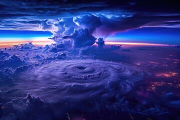 Poster - Dramatic aerial view of a stunning storm cloud formation lit by a vibrant sunset, showcasing the power and beauty of nature.