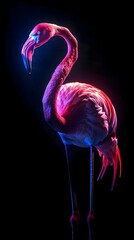 Wall Mural - Vibrant Neon Flamingo Balancing on One Leg Against Dark Background