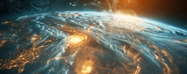 Poster - Stunning view of planet Earth from space, showcasing vibrant glowing areas and the beauty of outer space dynamics at sunrise.
